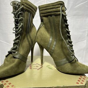 Olive Green Lace-Up Stiletto Ankle Boots